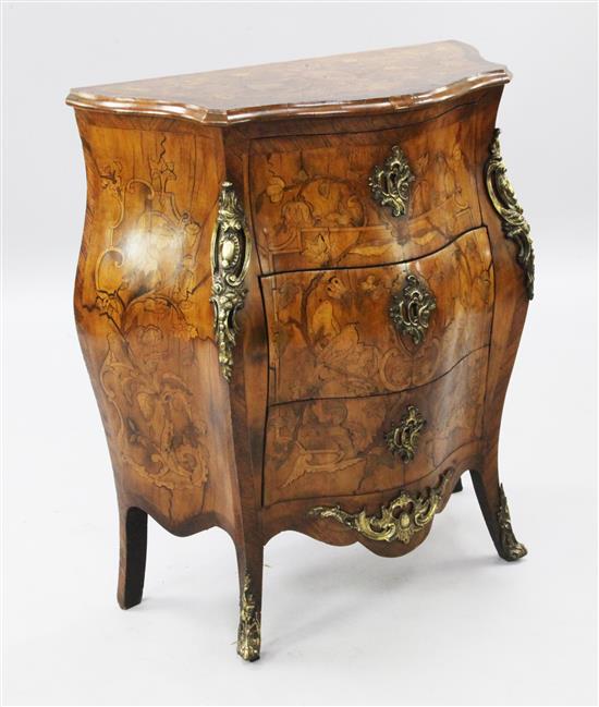 A Dutch walnut and marquetry serpentine bombe commode, W.2ft 5in.